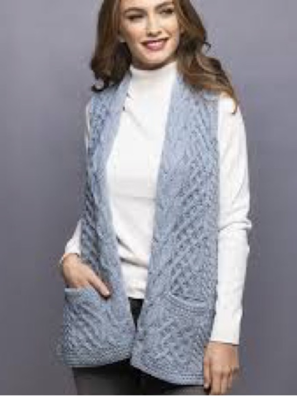 Wool Marino vest Light Blue Cable Knit Open-Front Vest Sweater